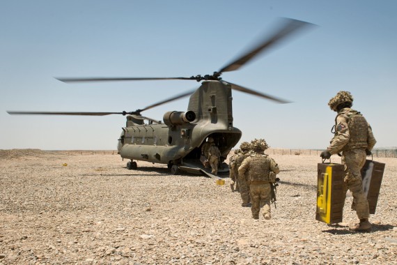 Soldiers from 4th Battalion The Royal Regiment of Scotland board an RAF Chinook helicopter [Picture: Corporal Daniel Wiepen, Crown copyright]
