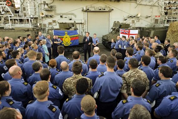 image of PM Cameron addresses service personnel on HMS Bulwark in Malta